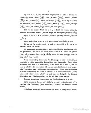 8
2) » = V, Hf mag daa Wort ttrqirilii|lieh 9, « od«r n kaben: mt:»
^vÄ« CSs; «od „H«d- Öf-l). a^n» „«r mm«' C*aAs), «Wirt««
Oioj), nv „«XKrtn« (a*)), ;>hc» „ich steig©" («^^i n» = nw «Ii Anfonii
d«r R«d«xhrea, mo» „Kaller" (l^Q, ntm» „wmia*' (^^^Q, iNoy „kting«^'
(*ioQ) iNas „ich Ihne'* (^-Q, nNia» „sie Üial* (^^',^),
Tritt vor ein solches Wort ein 3, i, so bleibt das »; sehr selten sitiü
üelspiele wie N">3->T^ r.Npcia „mit dem Siegel der Jlacliligeii" (riNpc» —ta^y
3j = »• HmHY»» „Gesetz" ^ift«k))}^ HnN^iv „Tbaten",
Selten sieht bloss v für >u z,. ß. Ninv „Aeon" gewöhnlich Nin*»».
4) 'au und 'ai werden durcb in uod -»N dargeslelU z, B. M^niM »^r
brachte", a^Pc^N „er setzte".
5) Auluutendes ursprüngliches v und n iiiil blusücm Vokalaaätoää wer-
den geschrieben, als ballen sie einen vollen Vokal i. B. -inön „er sprach"
C")»!«!, jiflj^), n.-inSn „Gott" l«^i)> n^n» »icl» C"''1*3)i aN^Njjer
ging unter" (a-i^ «^ri^J
'
Wenn also Norberg bluä:^ nach der Elyinulugi«) v oder n schreibt, so
vwwiaeJil w viel« wsMiilliche Ualencbieiie dw Aampridie. Nach seiner
SehreilNWt kann imm s. B. aieht saben, ob ein Wort mit *a oder *i, mil *m
oder 'ü anluteL Zu verwrondem isl es , das» aiicb Lorsbach die rem graphU
sehe Verwendung des v nicht ganz durchschaut hat. Wenn aber in einzelnen
Wörtern di(! Schreibart mit v und n schwankt 7., B. npin^n und n-i^nSv .,über",
nhnSn und seltner ndn^v »^'"l^"; sind dus uur Beispiele des bttubgen
Schwankens der KoAra/ausspracbe , von der wir bald reden werden.
Ä Zerstreut kommt nun » auch sonst als Vokulbuchsiub lur e, vor:
i) Im Aiislaal z. B, sn „sie" (öfter), „mit*' (einmal, sonst N>'7j,
vawöSwp ,ydi« Friedlichen" Csonat H>iH^hi*'ü), »suvb „die Zungen" (soost
*jj In Inlent movm wir hArea (dreinial fttr mo««^ s «aAj),Mim JMiai»",
 