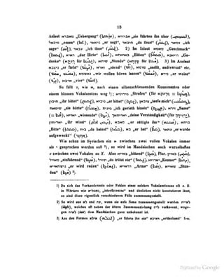 18
AiImI NiaMO „UviMrKMr' Ois^0)» ttvnw Mirton ihn thw (.johib^X
*ntyx) „essen" (hTOi •>»*>2''3 »er wgl", nna^n „du Ihusl** Qak^), nicfa
sage« C»^^)t *tMa3» „ich thue" rra:bl> 2) Im Inlaut hkhis „GMebmek"
N"»»n „der Hirte" (Ui.»')» »<nNiM3 „Bitten" OZosio), HjH-^-n „G«-
daniie" (Kr»-) für Nr>t? „Stunde" (Nnsw für 3) Im Auslaut
Nax'i^ „er farbf (^'isyj ,
nini „säend" (vi^TJ, N«"iw „audiit, audiverunl" etc.
(^iia•, oi.i>*J, nv3:;n2 „wir wollen bören lassen" Qi^am^J, wn^j „er weiss"
N3-N „vier"
So föllt V, vie nn l einem silbcnscKliesseiiden Konsonaattfu oder
einem blossen Vokuitmstt  i
;
ni:"»-iiq „Strnfen" ([für ntiv-^ö •= ItSjs»};
pa'in „ihr billel" (,au=i^j, N->aij „er billel" (j^cu), )N3'v:i „taufe mich*' (uoiöOj),
nN»'>v „sie börte" (^L^), n'>J>o „ich gerieth hinein" pN^^j. n')>t ^ame"
(= NnN^ „wissende" C^r•)> IMn*»*!»!^ «»deine Verständigkeit" (fUr nn^v^!^
pr>>nN-> „ihr wisst** r^)> i^^*^ sättigte ihn" (auaD), Mma
„Bitte" 0<^<^)> »da balMl" (Cu^), wa Int« Q^), iNn»n6rwiird«
aafgeweckt" r-iijriN).
VVi() v< hon im Syrischen ein n zwiscliea zwei vollen Vokalen immer
als 1 gcs^rucljeii werden soll 80 wird im Mandäischeii auch wuraelhafles
y awiscbeu swei Vokalen zu Y. Also n»n3 „billend'- (^i-^ji Plur. p>N3 (^^^j.
VrtM» „«iiifillirmid" C^io), „du trittst ein" C'^«^^ NmN*« ,
Renner" Q^f»),
M««Mmn3 „«r wird radea" (l^-Lij), »n^M-n „AroM» C^^'o, n"nw ,^tua-
-
1) D« rieh das VorhindetiMiN «der IMIwi «Ims «okkea TokilaiMloisw oft i. B.
|o Wörtern wie M'<Va(M, „inter6cienie«" and thnlichen nicht koiilaüarM IlMl,
so sinJ diuso <'i^nn(lich vergcliiodenen Fälle zusammeneestelll.
2) So wird aus und rvt, wenn ai« aab Neue siuanmengestelli werden n^^M^
(%f/), wekket nA mtktm der iMeni ZManmenuehang n'«b vorkommt, woge«
gm tmab (WO de« Maadtiacinn gam anb«ii«Hri isl.
3) Am dn PatiMn kV« (jnui&l) „#r niwte iln «ta" mmn „•riaiciMMl'' fem.
 
