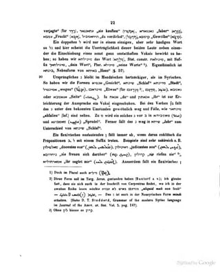 32
verjagte" (Mr t^^, imsm» ^ IwnfttB** (:>'».tiMj, tONUM» Jihef (n-^^s),
Haa» JFrwUillff (NaN), S^a^9Nn>n „«Iii venUrbat". i^^rir^ looip „fiawttllM" (ic^ip).
Ein doppellas S wird nur in einem einzigen, aber sehr bfiufigen W<Mt
za und hier scheint die Unerlräglicbkeit dieser beiden Laute neben einan-
der die £in»chiübun^ «-Ines bon^l ganz unslatlhaflen Vokale; bewirkt zu ha-
ben; so habeu wir nr^->i->^ das Wort NnWi, Slal. conslr. PN'jii-'XJ, mit Suf-
fix -]mh'*i'Kt, „dein Worl", Plur. w'ys"»» „seine Worle" Eigenthumiicti ist
NroiOf Neburfoni von wma „Haw" (f. 57).
10 UnprimtNehw i Uaibl in MmdaffdieB barlMekigtr, ab in SyrisdMO.
So hal»eo wir die Fornen m>dm« „GMiclitc, mmtv «Sehiaf" wnyno J9taA"»
SiiM^N „wegvnf^ Cä>äp}« SNiang tJBHnn^ (Rir svi^iq*), aagfo, >^io}, Msem
odar Na»MaM vJSeChi" («aa^}. Ii nNW ndii" und priMSM „ihr** igt wr Er-
l«icht«rapg der Avnpndie «d Vokal eingeMboben. Bei den Verben fa ihttt
de» > nnler den beluuinlen ITmatlnden fewdbnBdi weg nsd FsUe. wie iMn^m
„ebfUlen^ (lir.) abid aellen. Zu » wird eb eoldies ^ vor a in Nn>3«Nio (lai)
vnd N) C*<^'3 »iSpnidei". Fener Ibitt dae s weg in hfi>v »Jabr^ um
UiMtMbied von tmxw „Sqblef**.
Bbi üexiviaebee noalavtendea | lUH bnner nb, w«ao daran enklitiscb die
Fiffeeitfenen a, S mil einem SufSx treten. .Baiipiale aind eebr sahlreiob a. B.
l<A«bVNe „doeenle« aoe" C^ooi^ ^iftSvt>> pV»anrT ^Jodteaalee eoe" (,^n!x,<jü4),
MaVima „aie fireaen aieb derflber" (m^ <^)i V^>^ tMw rie"
N^n^MQN wibr aaglei mir" ^^^oO* Aoaaardem fiült ein leziviacbea |
1) Doch im Plural auch jrV"^ C^J**?)»
2) Dinae Form soll im Targ. Jems. gestanden haben (Buxtorr s. v.j; ich glaube
fast , das» sie sieb auch in der Inschrin von Carpeolraa findet , wo ich in der
awellan Beiba leseo «nttehta v>i»a ans» »e^etf «mS nen feaiV*
*-'*^0 ~ 3 irt each in der Neaayriaehea Ferai arinü
erkalten. (Siebe D. T. Stoddard, Graanmar of the iMidara Syriee langnage
im Journal of the Amcr. or. 800. Vol. 5. paff. 147).
ü) Ohne hiesso es X^^p-
 