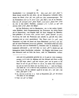 25
G«Mbl«dit«ni 1 in i «rwaaddl 18.^ Aho pNn ^le", *mn tihM«"
Bdde tonaM towobl lllr sMi «llefai, ds nit Sabstaiitiveii vwbniMimi stehn;
«beno d«r Pinn!, )iSNn „bi", wie T^'*? MsammenffKogen. Für
die Pemininrorn) Mitri (t. B. MM-^n-i ninh .,dies Bild"} tritt oft die Maskulin-
form ein z. B. Nmaxw ^>tm-» „diese T.uifo", piMn HTom „dieser Ort". ]>hHn
ist, wie in den andern DtHlekten , cotumune S. B. vt pHHTX „ü, qui" und
NnMiN3 riN^n yhnn ,,diese drei bitlen''.
Auf das Entrerntcre wird itn Mandäisclien , wie in den andern Aramäi-
seheii DhilokteD , durch Znsammensetzang des ProDomens der drittea Pomon
mit MH UocowioMii; vom Singviar btbo kb Uon diügsrnd die Neskniin-
§om gehmden s. B. htsm ihnh, itrivin vntrh ^«nen Twnnnf* (n. prO;
Norberg bei aiieb des FeniBinaai und schreibt ee .^sm (II, 312; wefcr-
sdieüdicb wfapd es »rmn gesebriebee). Den Plnrel pMn (= ^«mi, i^nin
Telnmdiach «an) habe teb efamal mit einen Maskatinam («p^twO and ein-
aoal aait einem Femintnum (NtiNi^D^r]) gefunden. Gewöhnlich erhält aber die»
Form noch das auch im Chaldäischen besonders aber im Arabischen vor-
komaiMde schUessende ^ und wird dann zu y^un „illi" absolut und mit
Substantiven beider Geschlechter verbunden. Als Singular steht diesem ysHn
dem Gebrüuciie nach zur Seite das kurze, auch im Taloudischeo vorkooi-
Hr-rt und HV^n gebräuchlich geworden i«t), so ist ^ojoi aus i^'?^- /u amm,n-
gczogen ; es ist vvedur der Akleilung noch dem Gebrauek n^uh riurui vtiii ^cn
denn poi heisst „dieser", ^joi aber bedeutet ,jene" und ist gerade so der
Hanl vea oei wie ^ der Finnl von oei tsl ; ^ beidea ftmn aateriobei^
den liA aar durch den ZnlrMt oder du Fehlen d«i i), — Aach des Ifraiyri-
•ehe behlh dai n bei In hMt für beide GescUcchicr (Stedderd e.e.0.8.2a).
1) Horberg U, 146 hat raehrimli o»j|oi bie sei (oei}, nit i ud sneb }
(fein.) „illud quod" I, 138.
^} ni> n^*^ 11 ~H n- Neusyrischen ^öi »so" (Sloddard
137) iuben wir das Anhängsel.
3) Vergl. in „isU" im Telnnd.
4
 