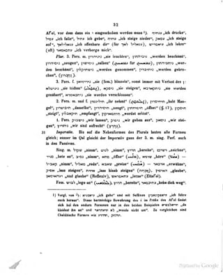 82
Afel, vor dem dann ein ->
eingoscbubeo werden muss ^j. ^^my^icb drücke",
Vto» ..ich falle^', V>nv ich gel»«", nin» „ich steig» aittlMr*, pHO» fjbA ftoig»
Mf", -^nS^Sna» ja offrabar» dtt* (fttr yth S^Wui»), vn*»»«» „Mi
(cK) woMsn* «ileli v«rberg» nick".
Ffar. 8. P«ra. m. „ai* leaditen'*, fwn^a^ «WOTden bwcbamt'*«
ivrrt^i^ „sangiaii'*, fwvo-»» „inlbaii'' (^M^aoj für ^masoj}, ^mn-ianta
den bescbXnt", fiVp^nw nWanlen ceDonuncii'*, ]ii3>m> »weriim f«bro-
dien", (]"napi5)-
8. Pers. r. ]Niv->-)->2 „sie (fem.) blinzeln", sonst innar mit Varlort das i
¥ho'^i'<s „sia Mdlan" CiS'ftnj)^ Mpo«a »sie steigen", na^no „ife werdeo
genähert", Hiotarfi „sie werden versciilossen".
2. Pen. m. und f. puj^'jin „ihr nebml** (^ftnS^), pto^nin „habt MaD-
gel", pi5ti3-»n „dasselbe", |"n.T'C"<n ,.7engt*', ]inn'»e>r „öiTiiei'*
(J. 17), ppo^n
^teigt", TiSaNptn „enipfungl", pp-iNorr-n „werdet erln^l".
1. Pers. p"<aw>3 „wir lassen", p-^a-^i „wir geben aus", pNOnd „wir stei-
gen", ynnia „wir sind aufrecht" CVinO-
31 ImpenMf. Bis auf die Nebenformen des Plurab lauten alle Formen
glaidi; ansiar In Qal gleiabt dar Inparaliv gom dar S. n. sng. Parf. audi
Ii den PmbIv«b.
Sing. n. ^<ipv „nimn^ mf» „ntam", y^itn ,,baraita^, owt ^.Miebna^,
*T*;io „bala an", a>D3 „idnia", iinD „ftfit«*' Cu«te)» »raiv Jonf^ C^} ~
V^aMp „oinun", ^Sm „rad«", n3}iv npraiw^ («jua»} — 'vtanf „arwlbna%
hImi atafgen", n«nN «Ims Usab aMgan" C^H^* Viofmn ,4lanbeS
Vw>wvr „nnd glanbett (BafliadT}} vKimn» ^ma^ (Ellaral).
Fan. vta^ „l«g« an** ( —^VJ. fi'W „baralla^, ^Na3*ny ,^aba diab wag**.
I) Vorgl. von »'b: waot«"'? ,^ch ge!'i " und mit Suffixen ^'s^rpc«^? „ich fahre
eoch heraus". Diese huloieklg« Bewahrung d«s i im l'ralix des Afel findet
ileh bei den andern Personan nar ia den beiden Beltplelen ir«abvMn „da
Ueideil ihn an" and «wnrarn tt> „wende nicht un". 2n vergleicbett sind
Cheldhiiche Forme« wie nrei, pnnn.
^ j . by Google
 
