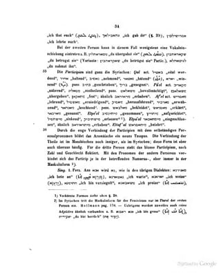 ^4
«{eb ihM euch" (le^ -|MS^aMny .»ich gib dir^ CS* 39)» ixiWtm«
»Ich lehrte euch".
Bei der zweiten Person kann in diesem Fall wenigstens eine VokdoiiH
Schiebung eintreten £. B. p^thnimoio ttber-jabsl sie" Cpoiik, ^tmlo), pariNiNpv
„du betrogst sie" (Variaale: fianMipn« „du betrogst sie" Portio.)» ninnv^ii
„da Dabmsl ihn".
8" Die Parlicipien sind ganz die Syrischen: Qal acl. h>wn ,. eitel wer-
dend", T>nN „haltend", 3''DN3 „oehmeiul", TNON3 „hütend'^ (jl(^)f ntn' ,,wi9—
SMid" CV)- P"*^- „geschrieben", "j-'-ia „gesegnet**. Pdel act 3'"»Npe
„nlkemd^ i^hwo „eintheilend^ pass. tSN^KVO „beTonnfichtigl", dn^nvc
„Obergeben". iNpMne »/est"; ahnlich aw^vti» „erhabeM**. JfdmiA. v«16mb
„lel^Bd") V^DVN« „erniedrigend^, „herausführend", t^snim „erwäh-
nend", iNn5N'3 „leuchtend '. p«ss. iDNaS»« „beiileidet", urrnorw „erklärt",
•>N3iNr „genannt". Etpeel aiCJirr'^:? ..genommen", yi-ir;«^ ,.aufgorichlel",
ViDDW'D „sinlteud", p-iainw» „erlassen" Etpa'al -iN3»*nD">i3 „eingeschlos-
sen", ahnlich amwiniö „erhaben". EUaf'al DN^OMn'"^ „belehrt".
84 Diireb die enge Verbindung der Perddplett mit dem selbiUndigen Per-
roul^ronoBen bildet das Aramlilsdie ein neaes TempBs. Die Verbiadnng der
Theile ist im MandSischeu noch inniger, als im Syrischen; diese Form ist aber
auch überaus htluGg. Für die dritte Person steht das blosse Participiom, nach
Zahl und Geschlecht flektiert Mit den Pronomen der andern Personen ver-
bindet sich dnä Parlicip Je in der belFefTendea Numerus-, aber immer in der
Maskulinforoi ^J.
Sing. i. Per«. Aes nm wird ms, wie in den übrigen Dialekten: msiimd
,,|cb bete an" (Jb] n9*wi9N3 ,;ich warte'S nmw* »leb woIn"
Cicjfj;), twfyn Joh bin Tersiegelf*, nmam«« Midi preise** (H) nrtmH}}^
1) VeifcOiste Feneee stehe oben f. 28.
i) Im Syrisehi'n trill die Haskulinfurm Tür dos Fenuninum nur im Plural der «r:>teu
Ferson ein. Hotfmann pag. 17t*. — U«bris;oiis werdon zuwi!eii auch reine
Adjeklive ftbalich varbuaden x. B. eaaMn msm „icb bin gross"
rrirpm „de Mal berrlMli'* (nia -p|r)>
 
