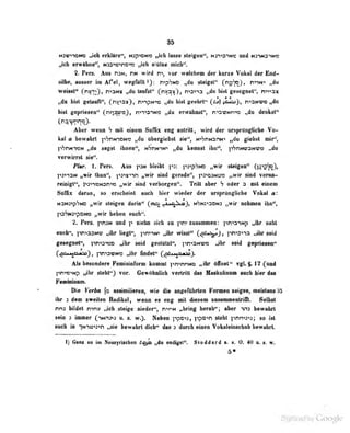 85
N3v-i'>&Nio „ich erkläre", N^ptDNo „(ch lasse sleigm**, Hyf*3nMt und HStno-^tO
„ich erwähne", Nas^o^nova ,,icli siülze niicli".
2. Pers. Aus rON, rsN wird n'», vur welchoai der kurze Vokal der Eod-
0ilbe, ausser im Afel, wegfiÜIl'}: htpSMO .,du steigst" C^i?"?^' ^^"'^N' „du
weinl" n->3Nx „du taiiffll*' Cnvq^ ), n-i^in^ „du biat gesegnet*', n^ax
„An bist geltiil'', (nyiast), n«*)pN% „du bbt geehrt" (6j)] ifi^"), n^attve^du
tot geprieseo" C^ri^r)), nmaim „du erwlhnal", hovKnv ^da denW
Aber wenn h Dil etaem SufTix eng antritt, wird der ursprüngliche Vo-
kal a bewahrt pSriNncNv; ,,du übergicbst sie", Ni''?r!N3nNi „du giebst mir",
pVriN-iQN „du sagst ibaeu", uhrwttv „da keoiisl iba^S pSnMvairas («da
verwirrst sie".
PUar. 1. Pers. Aus *iH bleibt py. pi^pHvo „wir steigen" (i2'>i?'jo3,
psnaM „wir'tbua'', i'>j'»x>in „wir »nd gerede", p^vaMee »»wir liod Tenn-
reinigi**, 1>3noi>on^ „wir sind verborgen". TrUt aber h oder a mit einen
Sattz deren, m enebelnl euch Uer wieder der «reprilngUebe Vdtnl «:
tatcfipSto „ytif steigen darin" (eis ^•-^^-J, t^fwartsoHS „wir nebmen ibn".
pshtiiipoHo j^wir beben euch".
2. Pen. pnM und ]< «iebo sich zu iir^*» zusammen : |in^3wp ,,ibr iinht
euch", ]tr.->33»w „ihr liegt", i"in^nN> „ihr wissl** j ,
pn">2"i"ja „ihr seid
gesegnet**, rn-<:)^D „ihr seid gestützt*, prcoNva i^hr eeid geprieMa**
(^»Mna'fi) ,
pr.''3i£'N>2 „ihr findet*' (^a^^oa^J.
Als besondere Fcinininform kommt pninn«o „ihr öfTnt't" vjtL §. 17 (und
pn'>0'>Np „ihr stebfj vor. Genuliuiich vertritt das Alaskuliuuut auch hier das
Fe^ninnm.
Die Veria fe eüindllereii, wie die angefibrteii Fomenieigen, mdileniaii
ibr 3 den sweiton Radikal, Wenn ea eng ndl dieeen aniannenlrillL SoHmI
nra bildet rem» Jeb steige nieder**, r-*r>tt «bring berab"; aber w bewabri
sein 3 immer (-kNny>3 u. s. w.). Neben jipois, ppo^n steht pnma^s; so ist
auch io -|N-)i9'>>^n „sie bewehrt dich** das 3 durch einen Vokaleinsebab bewehrt
1) Gena so iai Neasyriiehea „da endigsi". Sieddard n. e. 0. dO a. s. w.
5«
 