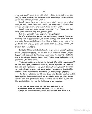37
Tvnc» „iek 8pvt«h'* aebeo h^SiN „ich ging" (ebenso rvnv und mrM J«h
kam") -)NtsN, |viN»»ri „und sie soglen'* wofbr einml sogar TriiOM% IVIIMION
„ihr s." fem. T'^ri-^NCN, v^t^än „wir" s.
Imperf. in^ij, Snio „er", -»n^öti, Sniti ,,sio", iNicn, hnj*n „du",
•j^aTi „du issl", nwo», Sw» „ich", ^iSd-»; „sie essen" (mil h n'^i'is'O und
•6^*M»io „sio ngeiB Ilm") ,
p-^cn „ihr", Vtn^a and fy^^» «wif*.
linpefC niSH «nd *imon w^prich*. 'roM „jas", ^n» («innial mit V«r.
Vm») „geh", M^^weN »sagt mii^, yvfmm „gohl".
Part. S->iN „gehend", in^sn „sagend'', vo» „gefangen".
Im Afel erhalten diese Verben, wie im Syrischen, vorne ni fNiniN „er
brachle"J oder au (p2N:irS>3iM ,,ich speiste euch"); doch fioden sich von
NPN einige Furnien mit Sunixeri, welche bloss a hoben: n^mn oder ntin
„er brachte ihn" (oiJufj, jn^mn „er brachte mich" ! tfttf), »ovnN „sie
braelilcn ihn" (-1010»."*]) 2j.
Im Elpc'cl fallt der erste Rndilvnl spurlos weg; iN^omo „gesagt" (jili;io),
Jicr^": ,,iiiijrrowand['" ("[cn), und aus dem so zu bildenden -iNonu „ist ge-
fangen" wird dann durch die Umsetzung sogar 'iNnov (^zneimaij Im ütpaal
wie in dan ttbr^pon WOmmtn Mmh dies« Vorban niebis AuUUandes %. K
yaiOMMr» Jkr drebM «teh'*.
V«rb«Q mit m^lenm n afnd nir fn Qal und Afal iriebt TorgokoauiMLlB
Im Pa'el and E^'al, verwandeln sie ihr n, wie im Syriscfaea, bi ^ ond ge-
hen dann gan* regelrecht: S'»'»ntz; „frag" (ImpU), h-*'>HWYy /rugend", SNiNrrw^a
„er wird gefrflgl", 'jNtNnt»» „ich werde gefragt", Hjhhf>nrMi''C ditssi Ihe f feb-
lerbaAe Varianie N3'7">'»NniD"'io), n">'?iNnw>>2 „du wirst gefragt" t'^T^.flY'*?-)'
Die FffA« ^beballoQ im Qal nicbl Uom bds Perfekt, sondern anebSB
beim Inperattv ihren ersten Radikal, wo «r Tohelloi wlra^ al» > hei; begbanl
derselbe aber ^e geecbloaseM SttbOi ao sidiea ^e den Vokal dam eeut
hier gewöhnlichen i TW,m die Verbuidaiig fl sn vermeiden.
1) Die Fnrin der ersten Person »or b »it SuTOx siehe oben f. 32.
2) Talmudisch mTM „sie brachico ihn" (Oder s. B. Ab. sara 17b)-
3j Vergl. da» Tibaiidlieba nvina, namn, «lanii tob mm, ns«, iom 0. s. w.
 