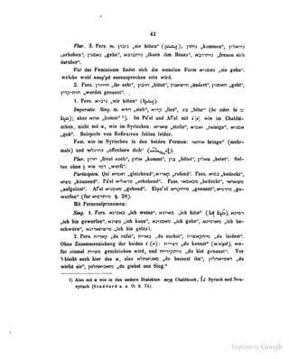 42
FUtr, & Pen. m. pa^s „rie bitlmi^ C^^)i X*^ ^ummeFt |i*7I«*p3
;,erböben", ]<ueH9 „gebA^ Naitsn^s ,jtli«6n ihm BOms% Manima „frtncn sieb
dMlUter".
Für das Femininum tlndct sicli die eiaselao Form N'>ADMj. ^,816 geba",
welche wuiil timy'yä auäKusprecben sciu wird.
2. Pers. pin>n „ihr sehl", p3">n „billel", ii;v*^''r> „ändert'', piONH „gehl",
p->p->n->n „werdet geoannt". ,
t. Pen. „vHr Utten" (b^j).
hnperalio. m. „sieh", Nnp „lies'', „bitte** (6e oder M =
t^j; aber mrm ^oidiii''0. In Pa'el and Afel mil wie im CheMli-
»elieii, Hiebt mit «, wie im Syriseben: miimv «stelle^, m«ni „reinige", n>9Dm
^geb". Beisifiele rtm RedesTeii febleo ieider.
Fem. wie im Syrieebeii ia den beiden Pormen: ^tvw hringe^'- (nebr^
mls) und "vhm» „olTmibare dich'' 0^^^^4)>
n», pin j^rent eaeb", ptw „komnt^, ya „biltef*, |iW „betet". Sel-
ten ebne ] wie ist „werft".
Pnrfiripien. Qal N^^Dsn „gleichend", NnNp „rufend '. Pass. n-'Co bedeckt",
N^xTs „könnend*'. Pa'el n'-Vnt» „erhebend". Pass. >ndn30 „bedeckt ihPiNVO
„eofgelösl". Afel N'>iDN)s „gehend". Elpe'el ^mp'n^>o „genannt", K»nT» „ge-
worfen" C'ur M>o*ttno |. 28).
Mit Penonalpronomen:
filwf. 1. Pen. loxato weine^« nynta ^ hXIkf*
CM
„ich bin feworren**, Hanno ^eb kann**» m*x»m ^ cebe", m)«»^ ,^eh ba-
ehw5ra", n^^huvw Jeb bin (elAs't
2. Pers. n•>^Np „du rufsl", n^wa „du sni^t", n^YMpn*« „du leidest".
Ohne Zusammenziehung der beiden # (e) : r^-^scr? „du kannst" (m'vyW), wo-
für einmal r^xo geschrieben wird, ond n-'^T'pnv:: „du bist genannt". Vor
S bleibt auch hier das a, ulso nSni^^i^ „du hassest ihn", ]t'7nN>'s»n „du
wirfst sie", ^N^rvcoNic „du giebst n» Sieg;''
1) Also mil a wie in den andern Diglekt«ii: M;m ClialdiiMb, . Syria«b wd Re«-
syriHk (Stoddard a. a. 0. S. 74).
Digltized by Google
 