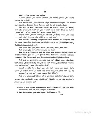 4a
iVw. 1. Pen. frni«3 „me iiidi«n".
2. Pers. )Mrtnta „Ihr soefal^ )int9>n »ibr warfl«*, prraes ^Ar kOnaT',
„ihr H ühnt",
Das Verbuiii N'tn ,,seiii'' erleidet einige Zusammeuziebungen. Ich sloUe43
hier sämnilliche Furmen dieses Verbuuiä auf, dm ich gefunden habe.
Perf. mn „er war", nmn oder dnihh „sie wor" n>nn „du warst'',
rmn oder mvw „ich war", pn „sie wareii" vor a aa4 h bJoii m (tvfrvt
„weven vir", yfym „waren dir", Main „waren darin").
Impert »nn« „er i8l"| nnim „de fsl" nnd „do biil^, mvn „ich Ua",
|W3 „wir sind" ^} , pn>n „ihr seid'*, N"»mj „wir sind".
Von den bei Norbcrg hüufigen verkürzlen Formen des Singulars uotf
der erslen Person Plar. finde ich nur ein Beispiel y.n^j j,er ist''(^$yri9eb )ou = |ook^
Cfaaldäisch, Samaritanisch >n'>)-
Impt, N'»!.-! „sei", pn »seid", H^h>n „seid mir", nhin „seid ibm".
i'art. n-»if«n ^du bisl", »iVrjHtvin „du bisi läia''.
Von den i. g, Verben :K» sind die alJein Ton atnrfcen Vorbna d»wei- 44
ehendon SUunme Qai nnd Afel (nebal ibren Refladven) sienlieb scbwaefa
vertreten. Die Formen sind nber den ealaprechenden Syriseben gleieb.
Per£ oNb aersUirle", twhtt ging wnf* 0^^), nams „dn «bne-
teii^, noMb |,dn leraUtrtesf, rvhttfjKh trat rin", n^eND „leb lentürte", prww
„wtt maehten fest", iHtm ^ machten fest".
Imperf. CfHr Vno, ^aua) „er tri» ein", "iNvio „er «weht feal"i
iyrflH „da reibst", Si^T» „du iriltrt ein", 'd-'^o (sie) „wir gehen ein". (§. 5)
Imperat. Si» „IriU ein", "wadn „tnadit fesl" (PJur.).
ParL hy>ti „eintretend" C^3» V^"^** ihnen eintretend", (^gi^^^sl),
•mvNs „KmI maehefld"* S-meB „eiaßtbrend" Q^), r^onm yU aenUInt«,
l^nwD^ „dn lentlint
1) Das N in dem zweimal vorkommen den
(joselischafl", weiss ich nicht genügend
2) Auch in Syria«iien ^ou tteiten ^oou.
»ni«^ M^NDtnn ttb „Oiai war Iwiae
zu erklären.
Hoffmann p. 176.
6»
 