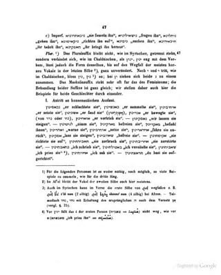 47
c) Iroperr. N>3i^fiM34 ^lie fessela ihn'*, N^nWiV^d „fragen iha**, ttxfm^i
„geben ihn-', n:i>3'>np'<3 „richten ihn auf", n313"»3 „Sliohen ibft", «STWO^n
^hr ludclt ihn", Ni-«pcNn „ihr hritigt ihn heraus".
Piur. ^3 Das Fluraisufßx bleibt nicht, wie im Syrischen, gelrennl slehn,47
sondern verbindet sieb, wie im ChDidaiscben , als ]'>y* eng mit dem Ver-
bani, lAssl jedoch die Form desselben, bis auf den Wegfall der meisten kor-
mh Vokale in der letalen SDlie gans unverlDiIcit. Heek ^ mid'i Irit^ wie
im CkaMlbchee, Uo« yo^ )m en; i»ti p sJeken «ieb keUe 3 sa einem
sasommen. Das MaekalmwfliK steht sehr oft fiir das des Femininums; die
Behandlung beider Sufßxe ist ganz gleich; wir stellen daher enek hier die
Beispiele für beide Geschlechter durch einander.
L Antritt an konsonantischen Auslaut.
p3'»0N-; „er schlochlelo sie", p3'<'ffiJN? fr sammelte sie", lu-^a^nw
„er setzte sif>''- n^owN ,,er faud sie" C)''in^,H'''i-*» pJ-'iJN „er bewegte sie",
(von oder nuj, pj-tnNiN „er verlrieb sie". — p^tpDN^ „wir lassen sie
steigen". — -3->vi->ih ,jofmm tief, T^a^piNO kelMen sie", p3><ii>N0 Mbefiekl
Iknen", t^aninm „wame sie", ps^ainiM „selse sie% p>mnrM „filkre sie sn-
rück'*, pai«7DN Jnss sie eteigea", ptannv „befreie sie^. — (id«»!^ ^
rioktele sie anf*, ps-im-iaNn „sie serbrach sie", p3>n3nnN „sie aersUMe
sie". — 7i>'»naNr>3 „ich schrieb sie", ;"ioinS"'i;N3 ,.ifh vercitplte sie", p3"»n''3N'&
„ich pries sie" j, i'oin'iTnH „ich seh sie". — ju^nxNin ^du hast sie auf-
gerichtet".
1) Für diu folgenden Personen ist es «roder nothig, uocii m(>giicb, so vieto Bei-
spiele ra SBBinain , wie (fer die drilta Sfag.
t) Im Ata bleibt der Tehal der ewdtea Silbe eaeh Uer malitens.
3) Auch in Syriichen bann im Vene die erste Silbe von ^ wagralloB b. B.
eUmm (t silbig) ^1 IjJu Oamii um (4 aDUg) bei Arrem. - Td-
mudi^ch in: , -vn mil Eriiallaiig des «ftprangUcbae t% eaob deai Voraals |i!
(vergl. i§. 25).
4) Vor y.T lalU dus i der ersten Pursun (n^3MO = L nicht weg, wie vor
M (etnoi3NtD ,,ich pries ihn" sss oiüM-t«j.
Diglttzed by Google
 