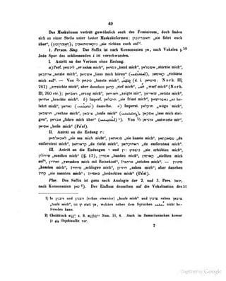 4»
Dm Mwknlint« vmMII fswSlBlick Mob dn FeaiiniaMi, Mt findca
lidi an eiB«r Stelle unter lauter Hatknlinfoman: |>3>»naMn >• Ifebrt Mch
fltor", (foa*)a4(n>, |«aNMe«Mp«3 ^ rickten enah anf^.
1. Perton. Smg. Das Suffix M naeb Konwnanten in, nach Vokalao
^ade Spur des schliessenden t ist verschwunden.
I. AniriU ua das Verbutn ufuie Eitduag.
o)Perf. „er nahm mich", iN-^os.^band mich", ^nScxpn „slürale mich",
|N3mN „seUte mich", |ncu>'n „Hess mich hfiren" (. . |>«>Np ,,richtet«
mich auP. — Von ]M>3>o „hassle micL-, ,^1^ (^li- i- iN^tj>s. Norb. III,
262) „erreichle mich", nber daneben |Nip „rief mich", ^ „warf mich*' (Horb.
iDI, 260 etc.); jN-iaNT „ti zog mich", )N">iNn „xeigle mir", ]n"«">nm> „setzte mich",
firtriN „bfaehto nicii^. b") ImperL ]Hh:i->n „sie frisst nteh", )Nv><)o*ia „er be-
lehrl nid^f pnto (4Ail|ai) dasfelbe. c) Imperat. |NSp<in »wage aiob",
INainn „recbna anieb", }hvx »lanfiB nieb'' (^«.ki«^Oy), ]npdn „Im ndrt atei-
Cen% 1N-I3H /dbro ndeb ttber'* (i«t.|-»si) i}. Voa ^worta mir",
|M«OM ^baOa nicb" (Pae^.
IL Aalritl an die Bndanf n:
]Htifntsify „sie ass mich nicht", inpinsd p^aia haaete ndeb", |MnpNDCi „iu
enlferntest mich", ^Nn>N-)p „du riefst mich", |Mnp^rwn „du entferntest mich".
III Anirilt an die Endungen i und j-: pajcij „sie erbühi.»<n mich",
p'yn'»!» „sandlcu miclr* r§. J7 ), ]"t-iDM „banden mich", i^r^Np „sloillcn mich
auf", jnwi „versabea mich uut Heisekosl", Tom^n „seUteu mich". — }v3^o
iJbaaiten deb", r-rm ffltMngm mich ', pn^n „sahen ntefa"; aber danebaa
mp ^le nawiten ajcb"} ii^a ,,badaeMan mieb«
Ptut, -
Das Suffix ist gana nacb Analogla der 2. nnd 3. Pars, in^,
naeb Konsonanten Dar Einlnas dasselbon aot dte VokalisattM dasSI
1) In Y^a'<T und p:an (aebea einanüor) „tcaufe mich" und pa'tt neben ^ti3is
„taufo mich", ist atall )tt, welches neben dem Sfiiechen nicht be-
frenidea kann.
9) ChaUliedi tt^- s. B. Ki)!;:;'i-> Num. 11, 4. Auob in Samerilaniicben konml
V ab dyakleafllx vor.
7
Digitized by Google
 
