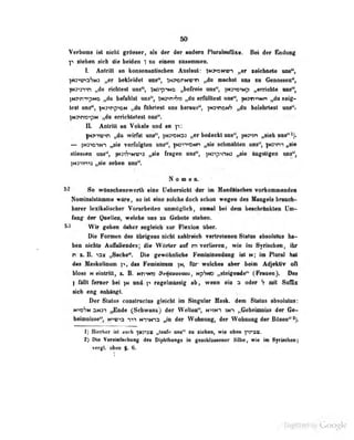 50
Verbums ist nicht grösser, als der der andern Plurabuffixe. der Endung
)t liehÄn rieh die beid«ii i la enieiD sOMmneo.
I. AiiIrRt an komoiiintisohm AulMi: lioiomn „«t friehliato ans'',
f*3^aVN3 „er fadUcidal ^»oH>nM«vi „du imcImI ms n GanöMm^i
)»u>ytvi ,,dii ricbirat ans'*, iNy^^Nb „b^reie uns", jß^sm^tp „Mviehto waaf*,
^Hy>n*npMö „du befahlst uns", imjti^ „du erfülltest ans", ^Na^-^Nn „da aeig-
icst nns", ^Mj^nr-^cv (In führlest uns bsmus", )M>>noH<? „du belehitsst uiw"*
INJ^nwpN ,,da I i ric (ili tesl uns". •
.
II. Autrilt au V okale und an p:
{Njo-np^n „do wirfst ans", ^n^dn32 „er bed«da uns", |Mj>tn „sieb uns"
— ,|M9iD-«M^ ^ie vsffolgtsii mi8<', .|M9rr«Mn „sie scbmlblsn ms", |Myim,ris
süssaeo ms", fH^Nvna „sie frsgeo oot^', ^raip^nio f/6o angstigm
yiywvifjBii» seben uns**.
N o m e tt.
S2 So wünschenswerth eine Uebersicbt der im Mandftiseben vorkommendeii
Nominalstämme wäre, so ist eine solche doch schon wegen des Maogels braaeh-
bsfer leadbelisdier Vontrbetteo vmiOglidi, smnl bei den bescbrtnkteii Um-
fimg' der Qmlleii, welebe ms m 4Uhat» stebeo.
^ Wir geben dilier sogMek snr Flexion Uber.
Die Formen des ttbrigens nicht zahlreich Tertretenen Status absolutus ha-
ben nichls Auffaltendes; die Wörter auf rnverliorrn, wie im Syrischen, ihr
n z. B. -^nx ..Sache*'. Die gewöhnliche Femiiiinendunf ist n: im Plural hat
das Maskulinum p, daa Femininum )n, für welches aber bouri Adjektiv ofl
bloss N eintritt, s. B. Mtivi» &Pi^axovaai, Hphno „steigende" (Frauen). Das
f ftUl Inner bei |M.ra4 r rafBbninig ab, .wmn ein a oder S «rir. Snflls
sieb epg..aB|ii|gt.. . .
., i . .
Der Status consiruiius gleicht im Singular Mask. dem Status absolnlss:
ni^Sn 3N3-t ,^nde (SchwanxJ der Welleu", nmni tni ,,Gcheiinniss der 6e-
beimoi^e^'i N'tvu lyt Nivna „in der Wobnang, der Wohnung der Bösen" ^J.
1) HiorluT ist diirh ^sr^s „tauft' uns" zu ziehen, wie oben
2) Die Vereinfachung des Diphthongs in gesdilosaener Silbe« wie im Sfriacben}
vergl. oben |. 6.
Digitized by Google
 