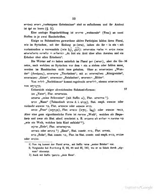 53
»r»0N3 H^w) „verborgea» Oebeimiilase" sbid so mlhnfasMi md ihr Aulanl
ilt i^i KU lesPTi r§ 5).
Ein© analoge Singularbildung ist „wotineiHle" {^FrauJ an xwei
Stellen in je zwei Handschriften.
Einig» sft SnltiiairtiTM f«wont«B« «ktiw F«rtt«l|ii«o biMw Umii niinl,
wie in Syrinlm, mit im Bpdimff C**wO, indeai ifa flu* « tn «üb n nlt
orkmleoden 0 Terwaadelii (wie <Q^0' MfiM^MON vmSm vi m^n rmn
NrN^NSN-i's Nt->-tNSv n'Sn-i'ci „du MbI cib Arzt aber allen Aenlan and ein
Erbeber über allen £rhebern".
Die Wörter nuf m beben Datttrlich im Plural |ni Cnüni"), aber die Ge- 36
setze, nach wt-lclit-n im Syrisclien vor dem 1 ein n «teheii oder feblea muss,
werden im Manduiächeu nicht uiue gehulleu. (Jüne a: ndk^insm „Wun-
der" (dvväftttij, HnHManf „Tborheiten*'; nil a: mdmuoSmo „Königreicbe*',
MnNiMam „Gttler", NriNiiOMi ,yRebiheitea<*, wwruco-r „BUder^.
Von tn^S „Naebldidien'' kommt regelrecht »«nN«Vi^, ehenso NninMA*)N«
von Nn-'SJTc.
Uebersicht einiger abweichenden Sabstanlivfonnan:
3N „Vater", Flur. NnNHNSN.
NriNT-iN „seine Scbwester" (mit SufiLx n), Plur. wriNinM
„Mann" (Talmndisch vps^n d. i. v/->^n}, Slat. empb. mwmm oder
vieloebr hvhsh la, Flur, m^hw oder mvn9n M*3a.
Nti» iiFkaa*' (nwi^n) , Flor, tmt» (hw^, Vm) oder hvm^m nwaa.
Aber eine gans eigonlhflmfa'ehe Form ist nM^rw »Weib'', wekfaea eli Sbtg»-
larü und zwar als Siat. absol. erscheint z. B. N^aima vrhw* vi ntnnN ^"D
„wie ein Wt ih, welches kein Kind aufziebl"^).
NpiN ,,Erde", Pltir. NPNnNp-iN.
Nn->Na oder «nio „ilaus", SlaL coastr. res, Plur. N>nio.
N-)a „Soho", Stat. couslr. ->3, Plur. im Stal. conslr. und empb. H^^a, »p»M
oder N^say.
1) Von net komnit der l'iural ecnN, mit SuIIlx ''xriK „meine Bruder" Tor.
2) Vergieiöhe bei Nerberg 0^ 04, a8 nad 10, 143, wo er ü bbdi dnrsb .Sig-
num" üborsatit.
3) Aucb mit Soffix yuKF^ „drin Haas".
Uigiiized b/Google
 