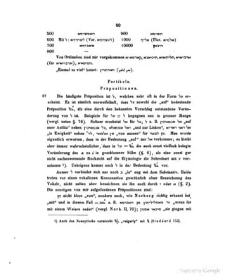 00
600 WWCHn 900 HK<^sn
600 Mit V : ws-'nw'? CVar. NttnwsSj lOÜÜ ^-Vn Ci'lur. n-kjSm)
700 . Na>aMV 10000 |Nan
600 -
Partikeln.
Pi'ttpositioneo.
•7 Die häufigst« Priposilion ist h, welches sehr oft in der Form er-
•cbeiot. Es ist nftmlicb ooKweifelhaft, iass Sv sowohl die ,,auf' bedeutende
PMposiÜOD als eine durch den bekanoteo Vondüag enbtamieoe Verttn-
deninff von h ist. Beispiflp für S» = V heq'egnen ans in grosser Menge
(vcrgl. unten §, 76). Seltner erscheint hn für S», h t. B. psiNoaN Sn „auf
euer Antlitz" neben p^iNOSN hs, nSncdn hH^ „und zur Liokea", n^vii tNi Sn
„in Ewigkeit'' neben 'SV, -^msSh }o „von «ossen" ftlr naS p. Mm würd*
«igwitlicli OTwartaB, <Ims in dar Be4«iilttng „auf mir Vm orkomiM; «s Uelhl
•]>er imner w«liracbeiiilieb«r,'daM in =^ «tf« auch aout vi«lliMh kstagto
Verlndeniiig d«0 o m I fa gesehkiniier SOb« CS- 0}, all «im aout gär
nicht oachanwaiaaKda ROeksidil anf dia Btynologie dia Sdiraiiiari aiit y var»
anlaiila DabrigOBi kofflai avab S in da/ Badantnng var.
Aumr S varbindat aiab nur naak 3 „in" äug mit dam Snbstuiliv. Baida
treten vor atoan vokallosen Konsonanten gewöhnlich ohne Bezeichnung des
Vokals, nicht selten aber bezeichnen sie ihn auch durch > oder M 2).
Die sonstigen von mir aufgefundenen Präpositionen sind:
nicht blo«« ,,von", sondern auch, wie Norberg richtig mluinnt hal^
„mit" imd in Jil'sfmh Fhü — Xii» 7- U. waONn pa pniS-'S'iN?; ,.M'nii ihr
mit einem Weise« redet '
(_vergl. Norb. 11^ 70^; jiaON ""Ha^ö „sie gtugeu inil
t) Aach dat Neasyriiebe vaimlMbt ^ »«algiriy" aril « (Staddard 159}.
Digitized by Google
 