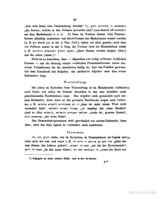 67
,,4oii wird ftittw «in« CJntartueiHiiv werileii" >), ptsn M^-nvia NnMinns
„die Seelen, welche in dM Schmutz geworfen sind" (und ähnlich oft ND^rav^j
mit dem Maskaltaum) n ? 3) Dass im Vorbum finitam viele Feminin-
fonnen allmfihlig aussterben und durch Formen des Maskulinums erselzl werden
(z. B. i'D durch pn in der 2. Piur. Perf.), habeo wir oben gesehn; auch dass
vor SvffizAii MIMT fai der 8. Siitg, im Verbnni «t«ta 41« Kaikiiliarom «rUil
%. &' wjitms'i NnNi9v>3 ffmn Npcnd »diMa Seelan werdca staigva Cfen.)
«Ad ihn i«lifii (mA.y*
Doch iil sa bemeckan, dan — abgesehen von völlig verloroen weibUchefl
Furoien — nur die Setzung einiger weiblichen Pronorainalformon sowie ein-
zeiuer Vttrbaiformon für die münnlicheu bäuiig ist, dass das Prädikat gewöhn-
licb dem Gesciilcchl des Subjekts, das attributive Adjektiv tteit dem seines
Snbstanlivs folgt.
Worlslellung.
Die schon im Syrischen freie Wortstellung ist im Handäiscben vielleicht 72
noch freier, wie schon die Umkehr dcrsrlbon in den «ehr beliebten sonst
gleicliliuilenden Piirallelhal/.eii zeit;!. Das Adjektiv sU'hl ^i nn inürh nach sei-
nem bubsUiuUv, doch kann es des grosser«! Nucüdruckä wegen auch vorlre-
m s. B. «N-M9t» N«aHiS Nvin>M« nS «*» „daM iiir mId rdacs Wort nidit
yarlodarl halii^, mvan tnam 'rtMp anpfing daa raiao Zaiehan^
(and M OAar maMn^, Htxmv» Miriam y&tm »wako 4tt, gronaa Gatate",
M^a NHorwp ,jd«r arata Solni".
Das Demonstrativpronomen steht gowobDÜch vor soinea SnliatuiUVi kau
ober, obse den Sioo irgend «u veränderoi aucb sficbtreleA.
Pronomen.
m, vn, p)vi steks, wie md Syriseben, In NoniaalaliiMn ab Cofah mdra
aw aaek bei um nad moN t. B. vi Mvm «1 taynt |» fMD Vo mM"' ^
warn Stannn des Lebens gehört*', NiaNi vt hm ,^ek bin dar Erwacbsende**,
Tjunn VI moH „dn bist nneer Glan»", m inn mo/rm t» „wenn die Seele nur
1) I>ag«gea an einer aaden Sidla: fttb ermn Nri>«->K«.
Üigiiized by Google
 