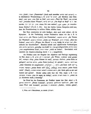 70
ihns „Lichl", "jiwn „PiDsterniss" (doch auch zuweilen trir3 und Noiwn) —
in distributiver Wiederholung i. B. Sj» w^aS ,,m Kleidern über Klei-
dern", |N3i iNSi „voll Zeil XU Zeil", n:>: N3r3 „Theil für Theil", "»ws N^i'^^a
'«w'? „zwischen lauter Wasser", «»ii u-n ^»j „von Kopf zu Kopf" d. i. im-
iiiri dar, '^]^'} "iK ,,von einem OrL zum atiiiei']!' , ,,in verschie-
dcaoa Slätlleii" (Norl>. i, 58}. Aus den beiden icUteu üeispielen sieht mau,
im die FeniaUieiiduiig in sol«li«n FÜUat abralleii kniii.
D«r Sttt eoistradas iil iridrt binfiger, aber auch atehl-iellDer, all te
Byrtochen. In der VerUndang cweier Sahetenttve taben wir Ilm s. & In
1i«n myrt „die Thttren G^^J nDMemto", Hvft^ Nv>in »dte Tbttren
der WebrheK", tmvro rmrwn »Uebe nur Wabrbett*, Hnn niamo „OAIe des
Lebens", woh"» *vhi3 „Wogen des Heers" u. a. ro.; häufig ist n'>in'i ntn „6e>
schlecht der Geschlechter". Ziemlich beliebt sind adjektivische Verbindungen
wie N-i-ns 3N->M^->vr gewaltig von Licht" d. i. von gewaltigem Licht n—i-d ':'>o3
„von ausgebreitetem Licht", N^n TTiN"« „reich an Leben". Gewüliulicl» wird
oaluriicii die Genilivvorbindung durch >i = y ausgedrückt.
Als Prädikat steht der Singular des AdjckUvs und Participa regelmissig
in SM» nbsol. %. B. yinn hH tmotm ,»der Weise, weleher nicht gerade
iatf*, ^NVNpo ,^ebe StinuM ist nnfc", aM-ma» mI^n^no „seine Rede ist
felegen«', wrinn Mniv ^yselne Rede (ei/tt&^) tat gerade'*, mr>oi mm*««
„seine Kennlnias ist .awgebreitet", i'Aif^Mn . . . nmi „der Geist wirft sie*
M>aNx iwnns „meine Seele will" C)!». «'ttAAj}» hho vnwi Seele
snebt" Cm^)» i*n»Mi Mimn untw^ M'OPMia Mrm „der Gebt geht m mir and
konmt nnd spiebl**. BOebst ssUeo steht hier der Slat eaipb. a. B. n«
N)0'>Np» ntNQN „was du sagst, iai riebtlg^, Mdtso n^iMn niON i» „wirst da
Juschamin mask.} demüthig".
Im Plural bat das Femininum als Prädikat immer den Stal »bsol. z. 6.
iN'inN NnNiT>n „Braute kommen", |nt>-n:>3 ^NnS-iitrsT "iNnS^J"»): „dein und
QDser Wort sind bewahrt^', ]N>j'>DMa ii HnNf»«>3 „beelea, welche geben",
1) WAre Mr.'-) Maskulinum, so siaada jib^SMl.
Üigiiized by Google
 