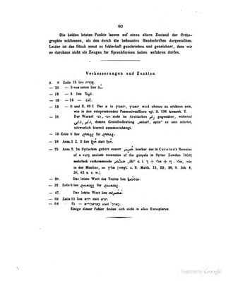 80
Die beiden letzten Punkte lassen auf einen ältern Zustand der Ortho-
graphie schliespen, ois den durtli <lie bekiiiintt n Handschriften dargesteliteii.
Leider ist das tilück soost so feblerüalt geschrieben und gezeichnet, das» wir
«B danthtfu inehl «b 2Mig«ji fiir ^«hfome« hihtn wnihMii dfiffen.
Verbosätiruagtiii uad Zusätze.
S. 8 Zeile 15 lies n^nj«.
„10 — 3 vun untco lies A_
— 12 — 5 lies ^c.
— 13 -14 —
— IS — 8 wii 6. 46 i Dil K ta fisitr, i->a«i3^ wird ebsMo u «rUlKii safn,
wie in dun enlSfigBoiwwtMi PMMaeiwBffixen vgl. S. 199 A^IMric. 2.
~ 16 Der Wurtel ^rt , -^i steht im Arubiscben j^j gegenflber, während
i/^'^j
(ieüüüti (jiruriabbdeuiung .^aoiiarf, spits" ZU Sein scheint,
scbwerlicb bicnait zusAmweiiiiangl,
— 19 Kelle 6 fies «otexu fOr ^otouj.
»
— 24 Anin.2 Z. 3 lies iUU
— 85 Aaai.2. Im Syrischen c^ehiirt an<;«pr y^^sm hierher das in C ur e I o n's Reiiisins
of a very ancienl ru€£i)>>ion ol (ho gospels in Syriac ^London 1858)
ifcffich vorfcooununde y<f»oi „iBi" d. i. "7 + ibtt + n . i>k, wie
im der lüiiiuiB, «. ^^bit (vergU s; 8; MMdl. 15, tl; SO, 9. Jok 4»
38, 43 i. w.). .
— 1». Dü ietole Wert 4w TnMe liei b*aAte.
— SS ZeUeSIloB ^Maä^ ftr ^MaaA{.
— 47. Dm leMe Wert Um wfytom.
— 59 Zeile 12 lies tnn sUtt ttm.
— 64 - 15 — «>-i3«n»p Stull 'simp.
Einige dieaer Feäior findaa üich oidit ia all«» Exemplarea.
Uigiiized by Google
 