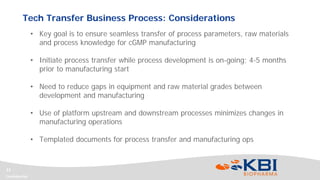 Confidential
11
• Key goal is to ensure seamless transfer of process parameters, raw materials
and process knowledge for cGMP manufacturing
• Initiate process transfer while process development is on-going; 4-5 months
prior to manufacturing start
• Need to reduce gaps in equipment and raw material grades between
development and manufacturing
• Use of platform upstream and downstream processes minimizes changes in
manufacturing operations
• Templated documents for process transfer and manufacturing ops
Tech Transfer Business Process: Considerations
 
