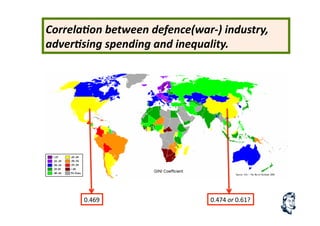 Correla.on	
  between	
  defence(war-­‐)	
  industry,	
  
adver.sing	
  spending	
  and	
  inequality.	
  
0.474	
  or	
  0.61?	
  0.469	
  
 