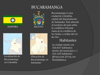 BUCARAMANGA
BANDERA ESCUDO
Bucaramanga es una
ciudad de Colombia,
capital del departamento
de Santander. Está ubicada
al nordeste del país sobre
la cordillera Oriental,
rama de la cordillera de
los Andes, a orillas del río
de Oro.,
Localización de
Bucaramanga
en Colombia
Ubicación de
Bucaramanga en
Santander
Habitantes
La ciudad cuenta con
526.827 habitantes
dentro del municipio y 1
024 229 habitantes
(Proyección 2014) con
Floridablanca
 