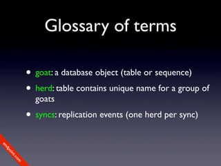 Glossary of terms

             • goat: a database object (table or sequence)
             • herd: table contains unique name for a group of
               goats
             • syncs: replication events (one herd per sync)
en
dp
 oi
     nt
        .c
       om
 