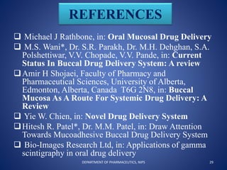 REFERENCES
 Michael J Rathbone, in: Oral Mucosal Drug Delivery
 M.S. Wani*, Dr. S.R. Parakh, Dr. M.H. Dehghan, S.A.
Polshettiwar, V.V. Chopade, V.V. Pande, in: Current
Status In Buccal Drug Delivery System: A review
Amir H Shojaei, Faculty of Pharmacy and
Pharmaceutical Sciences, University of Alberta,
Edmonton, Alberta, Canada T6G 2N8, in: Buccal
Mucosa As A Route For Systemic Drug Delivery: A
Review
 Yie W. Chien, in: Novel Drug Delivery System
Hitesh R. Patel*, Dr. M.M. Patel, in: Draw Attention
Towards Mucoadhesive Buccal Drug Delivery System
 Bio-Images Research Ltd, in: Applications of gamma
scintigraphy in oral drug delivery
29DEPARTMENT OF PHARMACEUTICS, NIPS
 