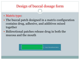 Design of buccal dosage form
 Matrix type:
 The buccal patch designed in a matrix configuration
contains drug, adhesive, and additives mixed
together
 Bidirectional patches release drug in both the
mucosa and the mouth
 