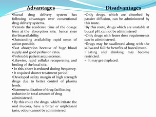 •Buccal drug delivery system has
following advantages over conventional
drug delivery systems.
•Persists the residence time of the dosage
form at the absorption site, hence rises
the bioavailability.
•Outstanding availability, rapid onset of
action possible.
•Fast absorption because of huge blood
supply and good perfusion rates.
•Preferable patient acquiescence.
•Likewise, rapid cellular recuperating and
healing of the local site.
• In this, there is reduced dosing frequency.
• It required shorter treatment period.
•Developed safety margin of high strength
drugs due to better control of plasma
levels.
•Extreme utilization of drug facilitating
reduction in total amount of drug
administered.
• By this route the drugs, which irritate the
oral mucosa, have a bitter or unpleasant
taste, odour cannot be administered.
•Only drugs, which are absorbed by
passive diffusion, can be administered by
this route.
•By this route, drugs which are unstable at
buccal pH, cannot be administered
•Only drugs with lesser dose requirements
can be administered.
•Drugs may be swallowed along with the
saliva and fail the benefits of buccal route.
• Eating and drinking may become
restricted.
• It may get displaced.
Advantages Disadvantages
 