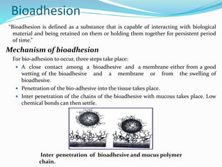 Bioadhesion
“Bioadhesion is defined as a substance that is capable of interacting with biological
material and being retained on them or holding them together for persistent period
of time.”
Mechanism of bioadhesion
For bio-adhesion to occur, three steps take place:
 A close contact among a bioadhesive and a membrane either from a good
wetting of the bioadhesive and a membrane or from the swelling of
bioadhesive.
 Penetration of the bio-adhesive into the tissue takes place.
 Inter penetration of the chains of the bioadhesive with mucous takes place. Low
chemical bonds can then settle.
Inter penetration of bioadhesive and mucus polymer
chain.
 