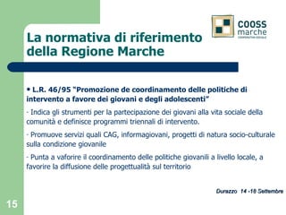 La normativa di riferimento  della Regione Marche   L.R. 46/95 “Promozione de coordinamento delle politiche di intervento a favore dei giovani e degli adolescenti” Indica gli strumenti per la partecipazione dei giovani alla vita sociale della comunità e definisce programmi triennali di intervento. Promuove servizi quali CAG, informagiovani, progetti di natura socio-culturale sulla condizione giovanile Punta a vaforire il coordinamento delle politiche giovanili a livello locale, a favorire la diffusione delle progettualità sul territorio Durazzo  14 -18 Settembre 
