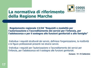 La normativa di riferimento  della Regione Marche   Regolamento regionale 13/04 “Requisiti e modalità per l’autorizzazione e l’accreditamento dei servizi per l’infanzia, per l’adolescenza e per il sostegno alle funzioni genitoriali e alle famiglie” Individua i requisiti strutturali dei servizi, definisce l’organizzazione, la ricettività e le figure professionali presenti nei diversi servizi. Individua i requisiti per l’autorizzazione e l’accreditamento dei servizi per l’infanzia, per l’adolescenza ed il sostegno alle funzioni genitoriali. Durazzo  14 -18 Settembre 