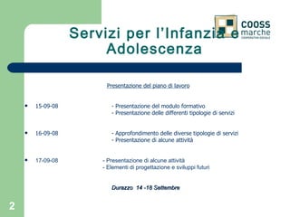 Servizi per l’Infanzia e Adolescenza Presentazione del piano di lavoro 15-09-08 - Presentazione del modulo formativo - Presentazione delle differenti tipologie di servizi 16-09-08 - Approfondimento delle diverse tipologie di servizi - Presentazione di alcune attività 17-09-08  - Presentazione di alcune attività - Elementi di progettazione e sviluppi futuri   Durazzo  14 -18 Settembre 