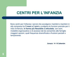 CENTRI PER L’INFANZIA Sono centri per l’infanzia i servizi che accolgono i bambini e bambini in età compresa tra  3 mesi e 3 anni  e svolgono le funzioni previste per il nido d’infanzia,  in forma più flessibile e articolata , con orari, modalità organizzative e di accesso tali da consentire alle famiglie maggiori opzioni, quali frequenze diversificate e fruizioni parziali o temporanee. Durazzo  14 -18 Settembre 