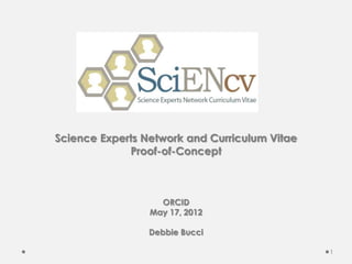 Science Experts Network and Curriculum Vitae
Proof-of-Concept

ORCID
May 17, 2012
Debbie Bucci
1

 