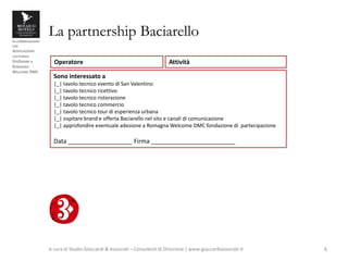 in collaborazione
con
ASSOCIAZIONE
CULTURALE
DISORDINE e
ROMAGNA
WELCOME DMC
La partnership Baciarello
A cura di Studio Giaccardi & Associati – Consulenti di Direzione | www.giaccardiassociati.it 6
Operatore Attività
Sono interessato a
|_| tavolo tecnico evento di San Valentino
|_| tavolo tecnico ricettivo
|_| tavolo tecnico ristorazione
|_| tavolo tecnico commercio
|_| tavolo tecnico tour di esperienza urbana
|_| ospitare brand e offerta Baciarello nel sito e canali di comunicazione
|_| approfondire eventuale adesione a Romagna Welcome DMC fondazione di partecipazione
Data ___________________ Firma _________________________
 