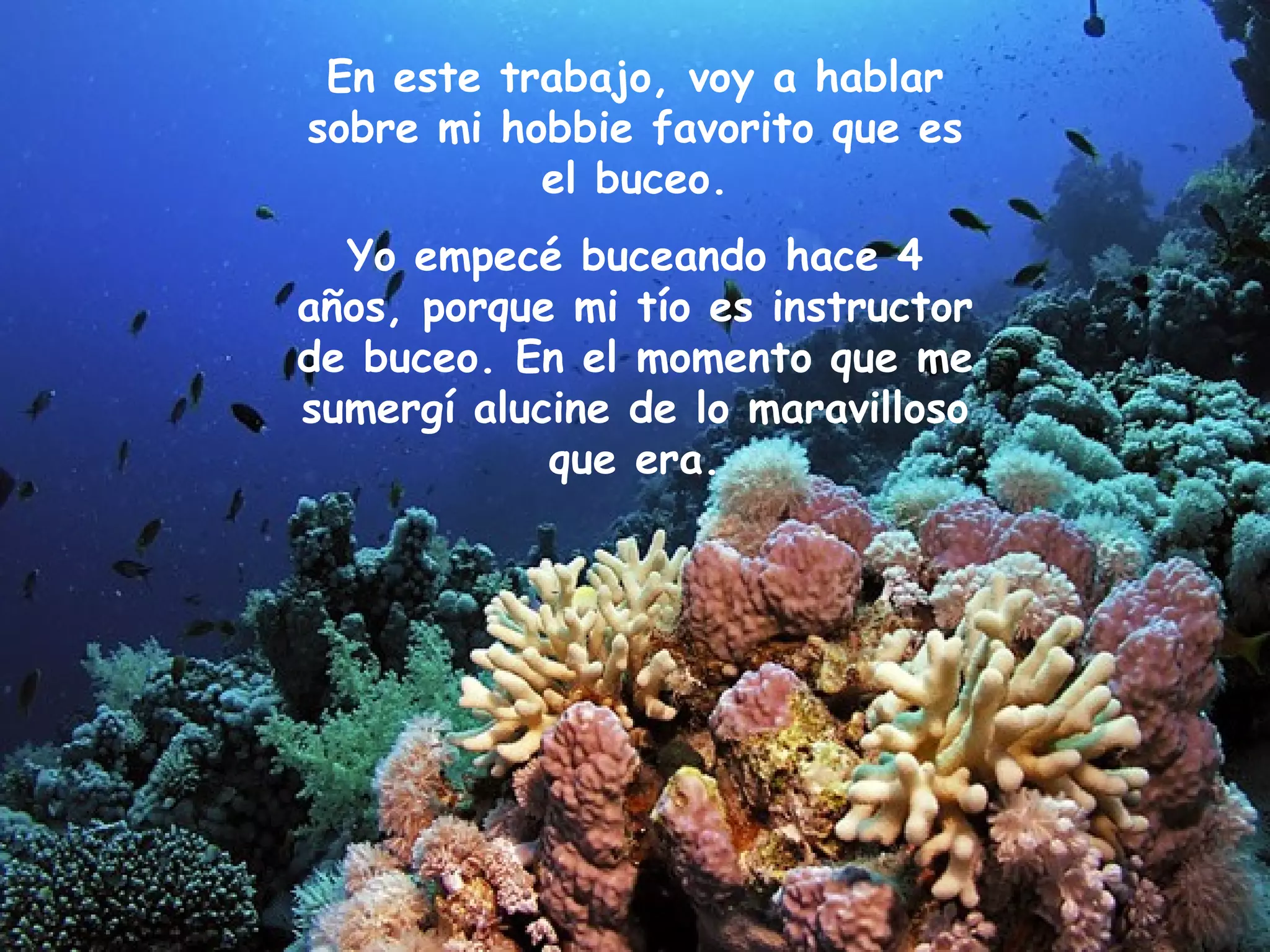 En este trabajo, voy a hablar sobre mi hobbie favorito que es el buceo. Yo empecé buceando hace 4 años, porque mi tío es instructor de buceo. En el momento que me sumergí alucine de lo maravilloso que era.