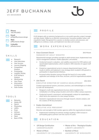 UX Design Certification
CAREERFOUNDRY
Master of Arts - Theological Studies
LIBERTY UNIVERSITY
W O R K E X P E R I E N C E
E D U C A T I O N
Life Church
EXECUTIVE DIRECTOR OF CAMPUS DEVELOPMENT
Created organizational systems, processes, practices, and methodologies as it relates
to multi-site development.
•	 Designed a multi-site organizational structure which resulted in the
revitalization of a failing campus location and its $1.2 million campus expansion.
•	 Conducted research, assessment, and demographic analysis for stakeholders,
which led to the expansion of a new campus location.
•	 Assisted in organizational restructure through research, industry analysis, and
the creation of HR documentation.
2012-2014
Exodus International
EXECUTIVE VICE PRESIDENT
Direction and oversight of 260 member agencies within the organizational network.
•	 Implemented marketing/recruitment strategy resulting in 50% increase in
participating agency partners over the course of 3 years.
2011-2012
Grace Covenant Church
MANAGER OF ADULT MINISTRY
Departmental manager providing oversight to adult ministry team. Implemented new
church management software, mobile application, and website.
•	 Conducted research, evaluation, and usability assessment for CMS options and
spearheaded implementation, which resulted in 40% reduction of support staff
workload.
•	 Created an organizational survey to measure departmental impact. Used
results to define and implement a new strategy which resulted in 8% growth in
participation in departmental initiatives.
•	 Increased online donation revenue through the launch of a new mobile
application and redesign of the flow, structure, and UI of organizational website.
2015-Present
•	 Balsamiq
•	 Adobe XD
•	 Sketch
•	 Photoshop
•	 UXPin
•	 Prott
•	 InVision
•	 InDesign
•	 Slack
•	 Basic HTML
T O O L S
Phone
704.999.0403
Email
jeff@jeffbuchanan.design
Web
jeffbuchanan.design
LinkedIn
jeffwbuchanan
J E F F B U C H A N A N
U X D E S I G N E R
P R O F I L E
Master of Music
UNIVERSITY OF COLORADO
Bachelor of Music
UNIVERSITY OF MISSISSIPPI
•	 Research
•	 User Interviews
•	 User Surveys
•	 Journey Mapping
•	 Competitive
Analysis
•	 Prototyping
•	 Usability Testing
•	 A/B Testing &
Analysis
•	 Wireframing
•	 User Flows
•	 Information
Architecture
•	 Style Guides
S K I L L S
A UX designer with an extensive background as a non-profit executive, project manager,
and data analyst. Skilled as an effective communicator, innovative problem-solver, and
empathetic leader. Recognized for a passion to develop systems and processes, and
willingness to embrace, create, and implement new ideas and concepts.
 