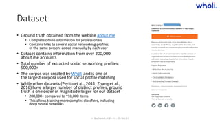 Dataset
• Ground truth obtained from the website about.me
• Complete online information for professionals
• Contains links to several social networking profiles
of the same person, added manually by each user
• Dataset contains information from over 200,000
about.me accounts
• Total number of extracted social networking profiles:
500,000+
• The corpus was created by Wholi and is one of
the largest corpora used for social profile matching
• While other datasets (Perito et al., 2011; Zhang et al.,
2016) have a larger number of distinct profiles, ground
truth is one order of magnitude larger for our dataset
• 200,000+ compared to ~10,000 items
• This allows training more complex classfiers, including
deep neural networks
>> Bucharest.AI #5 << :: 05 Dec 17
 