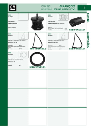 11
G0139
94.639.657
Guarnição de Quebra-Vento Lado Esquerdo
Weatherstrip Left Side
Caminhões 85/96
11000/12000/13000/14000/19000/21000/
22000
Bonanza 85/97
G0157
93.205.389
Guarnição Boia Reserva Combustível
Weatherstrip Fuel
Utilitários 93/...
G1103
07.334.862
Coxim do Motor
Engine Strut Mounting
Utilitários A10, C10
COXINS
COXINS
MOUNTINGS
GUARNIÇÕES
SEALING SYSTEMS ITEMS
GUARNIÇÕES
G1203
94.607.696
Coxim do Câmbio
Engine Strut Mounting (OEM 93.203.602)
Utilitários
Bonanza/ D40/ C40/ C24/ C14/ A40 64/84
A10/ C10 79/89
G0140
94.639.658
Guarnição de Quebra-Vento Lado Direito
Weatherstrip Right Side
Caminhões 85/96
11000/12000/13000/14000/19000/21000/
22000
Bonanza 85/97
SOB CONSULTA
SOB CONSULTA SOB CONSULTA
SOB CONSULTA
 