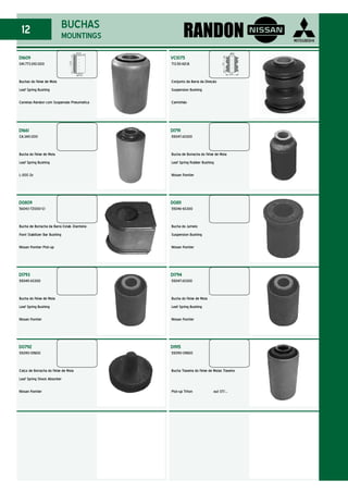 D1609
041.773.010.000
Buchas do Feixe de Mola
Leaf Spring Bushing
Carretas Randon com Suspensão Pneumática
VC1075
T13.511.421.B
Conjunto da Barra da Direção
Suspension Bushing
Caminhão
BUCHAS
MOUNTINGS
12 RANDON
D1661
CA.340.000
Bucha do Feixe de Mola
Leaf Spring Bushing
L-200 2x
D0809
56043-7Z000-C1
Bucha de Borracha da Barra Estab. Dianteira
Front Stabilizer Bar Bushing
Nissan Frontier Pick-up
D1793
55045-6S300
Bucha do Feixe de Mola
Leaf Spring Bushing
Nissan Frontier
D0792
55090-01N00
Calço de Borracha do Feixe de Mola
Leaf Spring Shock Absorber
Nissan Frontier
D1791
55047.6S300
Bucha de Borracha do Feixe de Mola
Leaf Spring Rubber Bushing
Nissan Frontier
D0811
55046-6S300
Bucha do Jumelo
Suspension Bushing
Nissan Frontier
D1794
55047.6S300
Bucha do Feixe de Mola
Leaf Spring Bushing
Nissan Frontier
D1915
55090-01N00
Bucha Traseira do Feixe de Molas Traseiro
Pick-up Triton out 07/...
 