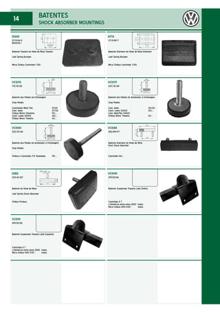 14
D0651
07.111.961-2
BH0036-1
Batente Traseiro do Feixe de Mola Traseiro
Leaf Spring Bumper
Micro Ônibus Caminhão 7.150
D1731
07.111.981-7
Batente Dianteiro do Feixe de Mola Dianteiro
Leaf Spring Bumper
Micro Ônibus Caminhão 7.150
BATENTES
SHOCK ABSORBER MOUNTINGS
VC1078
T15.721.381
Batente dos Pedais da Embreagem
Stop Pedals
Caminhões Med/ Pes 91/00
Cam. leves 87/00
Ônibus Motor Dianteiro 93/...
Cami. Leves S2000 00/...
Ônibus Motor Traseiro 01/...
VC1079
2VC.721.381
Batente dos Pedais do Acelerador e Embreagem
Stop Pedals
Cam. leves 00/00
Cami. Leves S2000 00/...
Cam. Med/Pes S2000
Ônibus Motor Traseiro 01/...
VC1080
2Z0.721.381
Batente dos Pedais do Acelerador e Embreagem
Stop Pedals
Ônibus e Caminhão 7/8 Toneladas 95/...
VC1088
2R2.899.177
Batente Dianteiro do Feixe de Mola
Front Shock Absorber
Caminhão 06/...
D1812
2Z0.411.327
Batente do Feixe de Mola
Leaf Spring Shock Absorber
Ônibus Proteus
VC1090
2PO.511.156
Batente Suspensão Traseira Lado Direito
Caminhão 8 T
c/distância entre eixos 2850 todos
Micro ônibus 8150 EOD - todos
VC1091
2PO.511.155
Batente Suspensão Traseira Lado Esquerdo
Caminhão 8 T
c/distância entre eixos 2850 todos
Micro ônibus 8150 EOD - todos
 