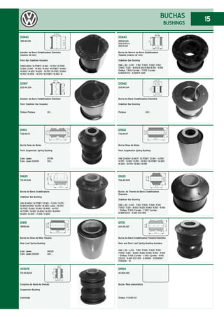 15
D0817
2Z0.411.324
Isolador da Barra Estabilizadora Dianteira
Front Stabilizer Bar Insulator
Ônibus Proteus 01/...
D0443
TAR.411.041
Isolador da Barra Estabilizadora Dianteira
(interno 44 mm)
Front Bar Stabilizer Insulator
VW12.140H/ 12.170BT/ 12.180 - 13.170/ 13.170E/
13.180/ 13.190 - 14.140/ 14.150/ 14.170BT/ 14.180/
14.200/ 14.210/ 14.220 - 15.170/ 15.170E/ 15.180/
15.190/ 15.190E - 16.170/ 16.170BT/ 16.180/ 16
BUCHAS
BUSHINGS
D0643
2RF.411.041
600.511.413-A
2R0.411.041
Bucha do Mancal da Barra Estabilizadora
Traseira (interno 32 mm)
Stabilizer Bar Bushing
VW L 80 - 6.90 - 7.90/ 7.90S/ 7.100/ 7.110/
7.110S/ 7.120 - 8.100/8.120/8.140/8.150 - 9.150
Ônibus: 7.90s Curvão - 7.110S Curvão -
8.140CO/CE - 8.140CO CKD
D0862
2VD.411.041
Bucha da Barra Estabilizadora Dianteira
Stabilizer Bar Bushing
Proteus 00/...
D1413
T2D.411.171
Bucha Feixe de Molas
Front Suspension Spring Bushing
Cam. Leves 87/94
Cam. Leves S2000 00/...
D1502
TJG.411.171
Bucha Feixe de Molas
Front Suspension Spring Bushing
VW 12.140H/ 12.140T/ 12.170BT/ 12.180 - 13.150/
13.170 - 13.180/ 13.190 - 14.150/ 14.170BT/ 14.180/
14.220 - 15.170/ 15.180/ 15.190
D1620
T21.411.045
Bucha da Barra Estabilizadora
Stabilizer Bar Bushing
VW 12.140H/ 12.170BT/ 12.180 - 13.130/ 13.170 -
14.180/14.200/ 14.210/ 14.220/ Leito - 15.170/
15.170E/ 15.180/ 15.190/ 15.190E - 16.170/
16.170BT/ 16.180/ 16.200/ 16.210/ 16.210H/
16.220/ 16.300 - 17.210/ 17.220
D1635
T06.411.045
Bucha do Tirante da Barra Estabilizadora
Dianteira
Stabilizer Bar Bushing
VW L 80 - 6.90 - 7.90/ 7.90S/ 7.100/ 7.110/
7.110S/ 7.120 - 8.100/ 8.120/ 8.140/ 8.150 - 9.150
- Ônibus: 7.90S Curvão - 7.110S Curvão -
8.140CO/CE - 8.140 CO CKD
D1815
TAP.511.181
Bucha do Feixe de Mola Traseiro
Rear Leaf Spring Bushing
Cam. Leves 94/00
Cam. Leves S2000 00/...
D1721
600.511.421
Bucha da Barra Estabilizadora Traseira/Dianteira
Rear and Front Leaf Spring Bushing Insulator
VW L 80 - 6.90 - 7.90/ 7.90S/ 7.100/ 7.110/
7.110S/ 7.120 - 8.100/ 8.120/ 8.140/ 8.150 - 9.150
- Ônibus: 7.90S Curvão - 7.110S Curvão - 8.140
CO/CE - 8.140 CO CKD - 8.150OD - 8.150EOD -
9.150OD - 9.1
VC1075
T13.511.421.B
Conjunto da Barra da Direção
Suspension Bushing
Caminhão
D1904
42.800.401
Bucha Mola pneumática
Ônibus T-17240-OT
 
