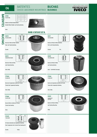 06
D1789
93.807.526
Batente da Mola Bonded Metal
Bonded Metal Rubber Leaf Spring Bushing
Iveco
D1671
130.464.1080
Bucha do Feixe de Mola Dianteira
Front Leaf Spring Bushing
Ducato 98/...
D1695
714.340KC.1228
Bucha do Feixe de Mola
Leaf Spring Bushing
Iveco - Caminhão Eurocargo
D1672
93808935.EC1228
Bucha do Feixe de Mola
Leaf Spring Bushing
Iveco Daily
BATENTES
SHOCK ABSORBER MOUNTINGS
BUCHAS
FT1060
93.828.148
Bucha da Suspensão da Barra de Torção
Torsion Bar Suspension Bushing
Iveco Daily
FT1061
93.828.149
Bucha da Suspensão da Barra de Torção
Torsion Bar Suspension Bushing
Iveco Daily
FT1062
93.807.640
Bucha Inferior da Barra de Torção
Torsion Bar Bushing
Iveco
BUCHAS
BUSHINGS
BATENTES
D1670
130.464.0080
Bucha do Feixe de Mola Traseira
Rear Leaf Spring Bushing
Ducato 98/...
SOB CONSULTA
D1905
Bucha do Feixe de Molas
Leaf Spring Mounting
Daily
42.800.271
8.587.681
FT1075
7.083.084
Kit Bucha Dianteira da Suspensão Dianteira
Front Suspension Arm Control Front Bushing Kit
Ducato Todos
 