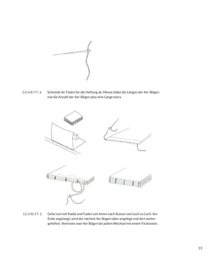 15
Gehe nun mit Nadel und Faden von Innen nach Aussen von Loch zu Loch. Am
Ende angelangt, wird der nächste 4er Bogen oben angelegt und dort weiter-
geheftet. Verknote zwei 4er Bögen bei jedem Wechsel mit einem Fitzknoten.
SCHRITT 5
Schneide dir Faden für die Heftung ab. Messe dabei die Längen der 4er-Bögen
mal die Anzahl der 4er-Bögen plus eine Länge extra.
SCHRITT 4
 