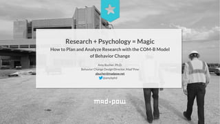 Research + Psychology = Magic
How to Plan and Analyze Research with the COM-B Model
of Behavior Change
Amy Bucher, Ph.D.
Behavior Change Design Director, Mad*Pow
abucher@madpow.net
@amybphd
 
