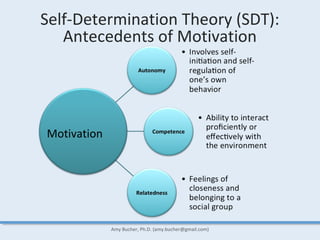 Amy Bucher, Ph.D. (amy.bucher@gmail.com)
Self-Determination Theory (SDT):
Antecedents of Motivation
Motivation
 
