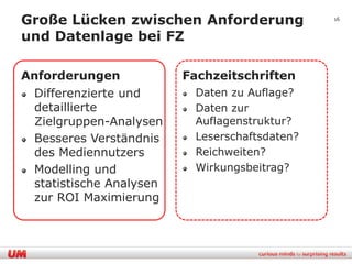 Große Lücken zwischen Anforderung              16


und Datenlage bei FZ

Anforderungen            Fachzeitschriften
 Differenzierte und       Daten zu Auflage?
 detaillierte             Daten zur
 Zielgruppen-Analysen     Auflagenstruktur?
 Besseres Verständnis     Leserschaftsdaten?
 des Mediennutzers        Reichweiten?
 Modelling und            Wirkungsbeitrag?
 statistische Analysen
 zur ROI Maximierung
 