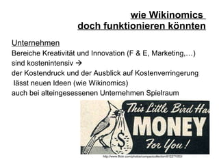 wie Wikinomics  doch funktionieren könnten Unternehmen Bereiche Kreativität und Innovation (F & E, Marketing,…)  sind kostenintensiv     der Kostendruck und der Ausblick auf Kostenverringerung lässt neuen Ideen (wie Wikinomics)  auch bei alteingesessenen Unternehmen Spielraum http://www.flickr.com/photos/compactcollection/612271053/ 