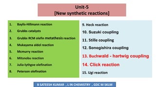 Unit-5
[New synthetic reactions]
1. Baylis-Hillmann reaction
2. Grubbs catalysts
3. Grubbs RCM olefin metathesis reaction
4. Mukayama aldol reaction
5. Mcmurry reaction
6. Mitsnobu reaction
7. Julia-lythgoe olefination
8. Peterson olefination
9. Heck reaction
10. Suzuki coupling
11. Stille coupling
12. Sonogishira coupling
13. Buchwald - hartwig coupling
14. Click reaction
15. Ugi reaction
B SATEESH KUMAR , L IN CHEMISTRY , GDC M SKLM
 
