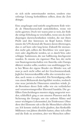 sie sich nicht untereinander streiten, sondern eine
sofortige Lösung herbeiführen sollten, denn die Zeit
drängte.

Eine ausgelaugte und zutiefst ausgebeutete Erde wür-
de als Hinterlassenschaft zurückbleiben, wenn wir
nicht agierten. Doch wir waren jetzt so weit, der Erde
die nötige Erholung zu verschaffen, wenn uns da nicht
diejenigen dazwischenfunken würden, die nur ihren
Profit und ihre Interessen im Kopf hatten. Daher
musste die UN diesmal alle Staaten davon überzeugen,
dass es auf kurz oder lang keine Zukunft für nieman-
den mehr gab, sollten die Beschlüsse wie sonst igno-
riert oder abgeblockt werden, sei es durch Veto oder
schlappe Sanktionen, die nur halbherzig durchgesetzt
wurden. Es musste ein rigoroser Plan her, der nicht
von Staatengemeinschaften wie Amerika oder Europa
diktiert werden sollte, sondern von unabhängiger Sei-
te her. Wenn der eigene Bruder ein Mörder war, saß
man ja auch nicht selbst auf der Geschworenenbank.
Jeglicher Interessenkonflikt sollte also vermieden wer-
den, auch wenn es schwerfiel. Die Verteidigung sollte
von einem Weltanwalt durchgeführt werden, wodurch
eine neue juristische Dimension entstehen würde. Je-
der Bewohner dieser Erde sollte wie ein verlässlicher
und verantwortungsvoller Elternteil handeln. Die ge-
fällten Entscheidungen mussten zügig umgesetzt wer-
den, schließlich ging es um unseren Planeten und die
Sicherung der Energie, um ein sauberes Klima und
unser wichtigstes Lebensmittel, das Trinkwasser. Ohne
diese drei Elemente sah es für die Menschheit schlecht
aus. Ich konnte einfach nicht glauben, dass Krokodile
Millionen von Jahren überlebt hatten, ohne sich selbst
und die Erde zu zerstören, aber wir Menschen selbst-

                         113
 
