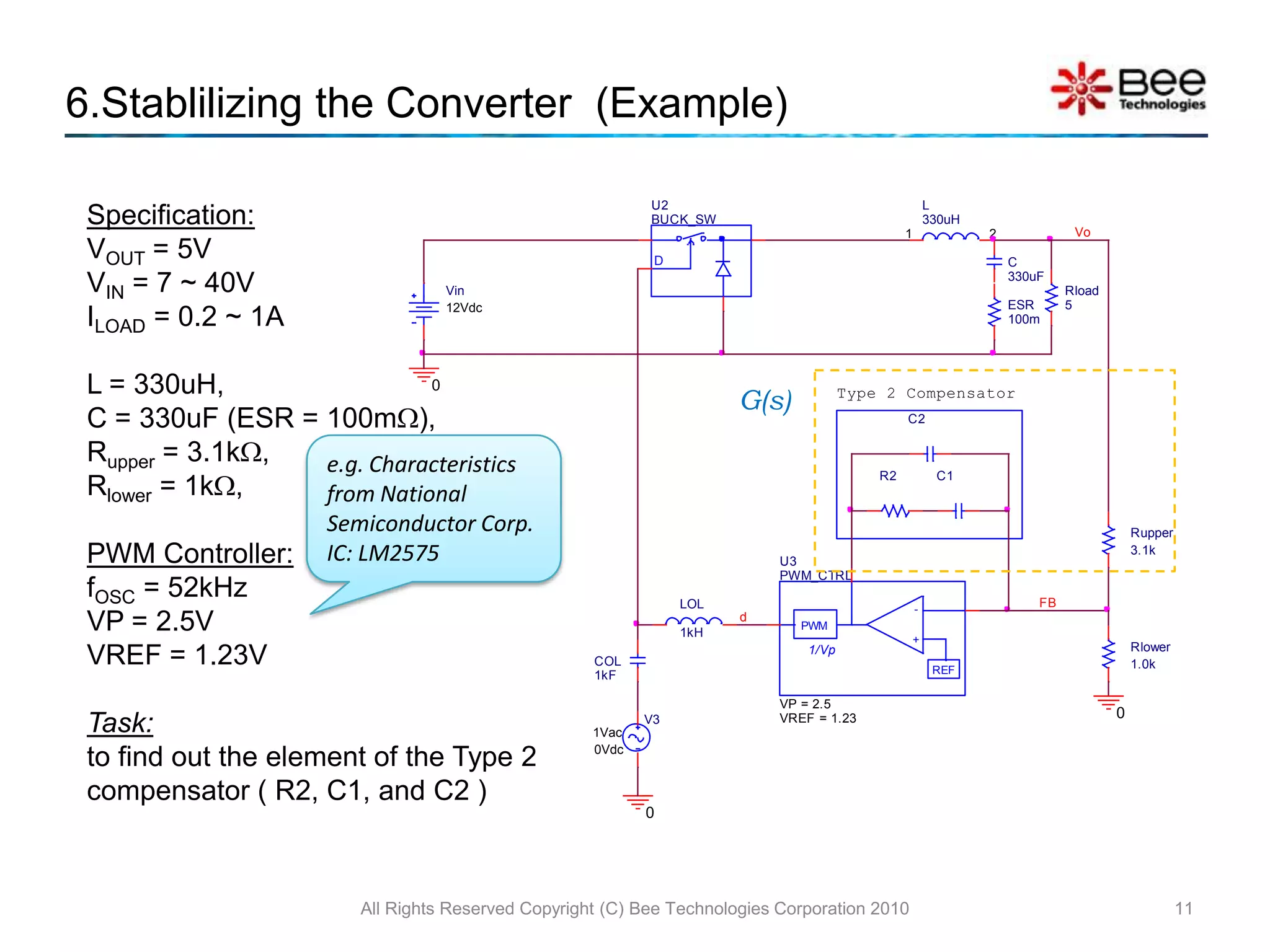 4.1 Filter & Load: InductorAll Rights Reserved Copyright (C) Bee Technologies Corporation 20106Inductor ValueThe output inductor value is selected to set the converter to work in CCM (Continuous Current Mode) or DCM (Discontinuous Current Mode).Calculated byWhereLCCM is the inductor that make the converter to work in CCM.VI,max is input maximum voltageRL(max) is load resistance at the minimum output current (IOUT)fosc is switching frequency(1)