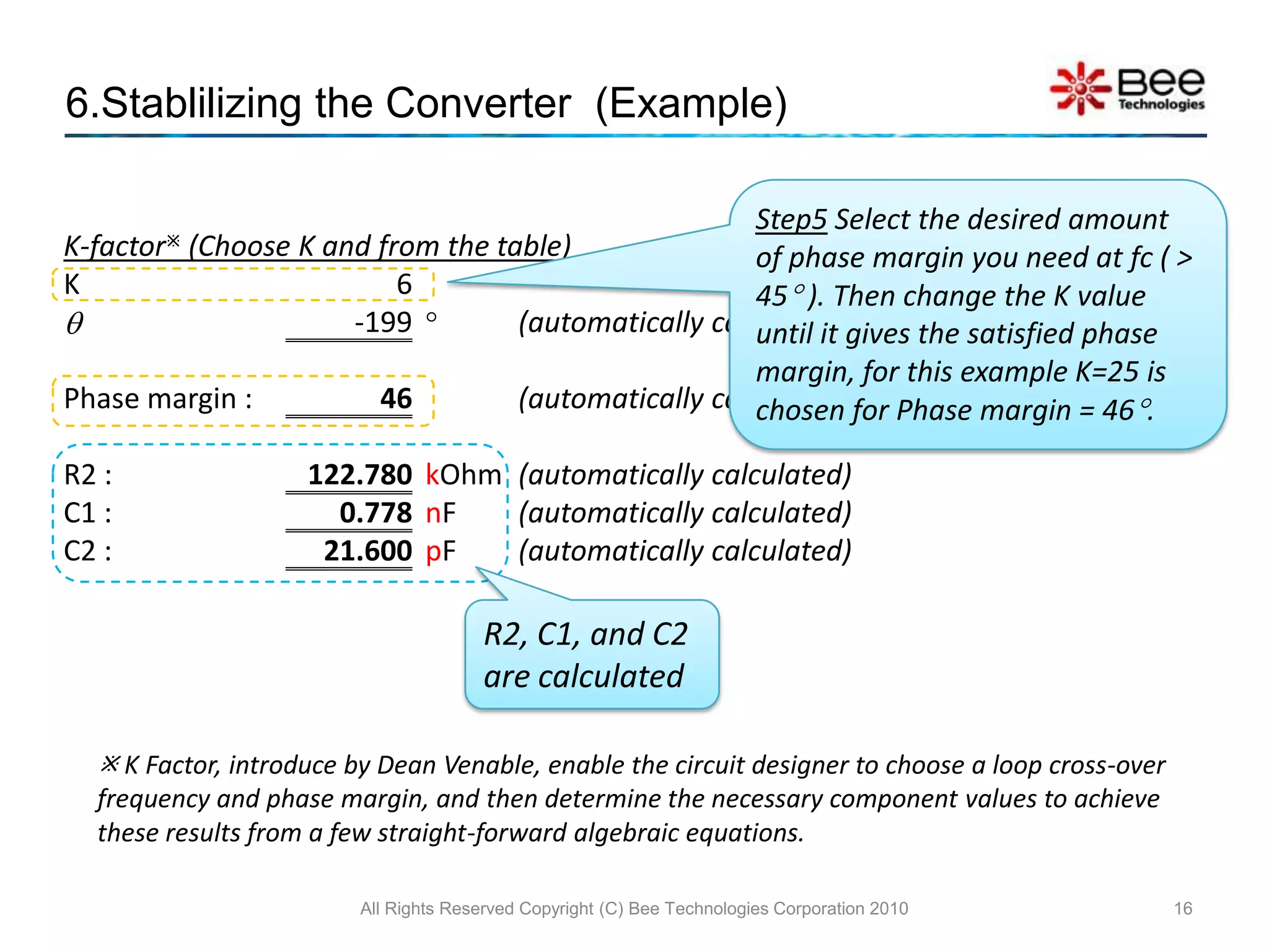 6.Stablilizing the Converter  (Example)All Rights Reserved Copyright (C) Bee Technologies Corporation 201011Specification:VOUT = 5VVIN = 7 ~ 40VILOAD = 0.2 ~ 1AL = 330uH, C = 330uF (ESR = 100m),Rupper = 3.1k,Rlower = 1k,PWM Controller:fOSC = 52kHzVP = 2.5VVREF = 1.23VTask:to find out the element of the Type 2 compensator ( R2, C1, and C2 )G(s)e.g. Characteristics from National Semiconductor Corp. IC: LM2575 