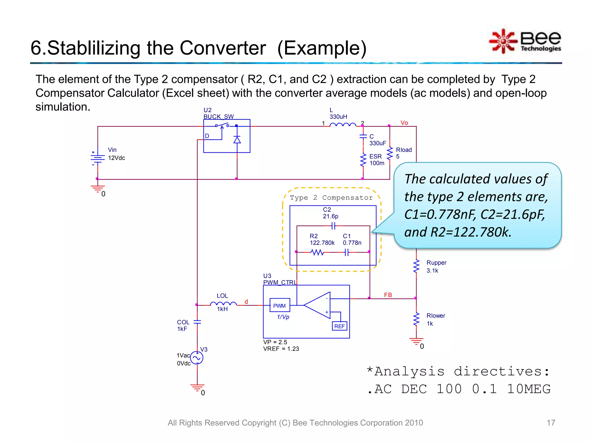 6.Stablilizing the Converter  (Example)All Rights Reserved Copyright (C) Bee Technologies Corporation 201012The element of the Type 2 compensator ( R2, C1, and C2 ), that stabilize the converter, can be extracted by using Type 2 Compensator Calculator (Excel sheet) and open-loop simulation with the average models (ac models).Step2 Set C1=1kF, C2=1fF, and R2= calculated value (Rupper//Rlower) as the initial values.Step1 Open the loop with LoL=1kH and CoL=1kF then inject the ac signal to generate Bode plot.